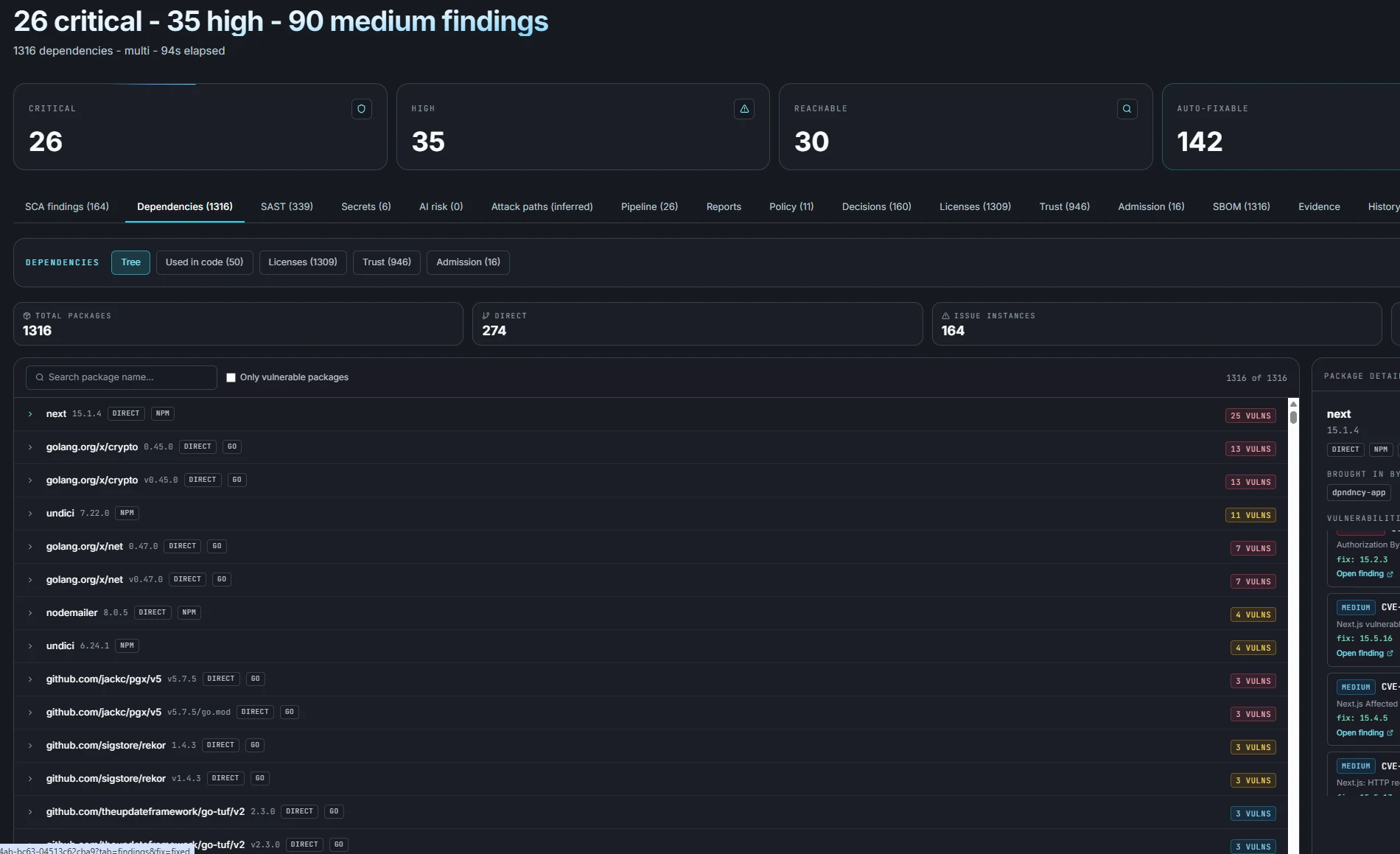 Dependency inspector — transitive tree with per-package CVEs, CVSS and reachability